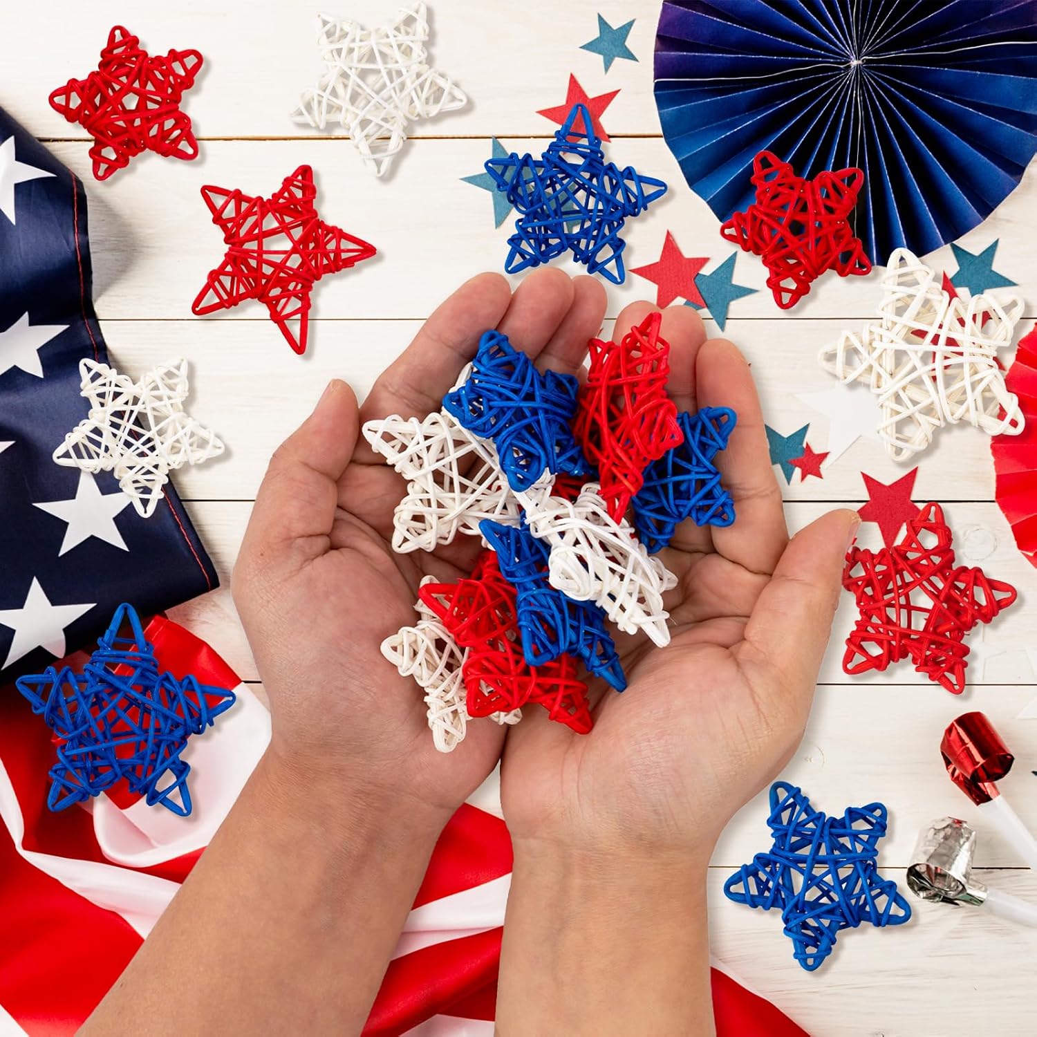 18pcs Patriotic Rattan Star Decorations Red Blue White