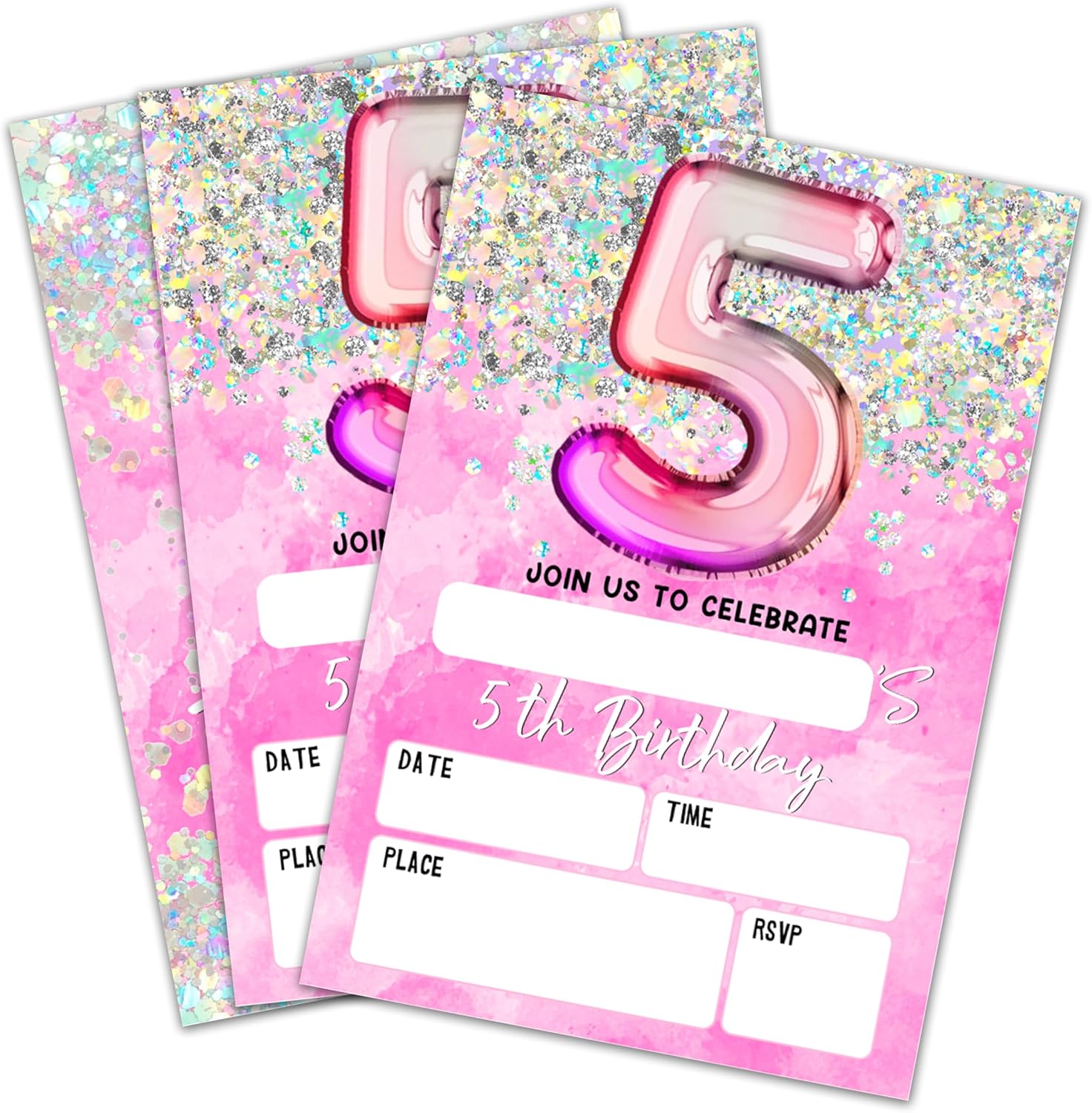 Holographic Birthday Invites with Envelopes for 5th Birthday