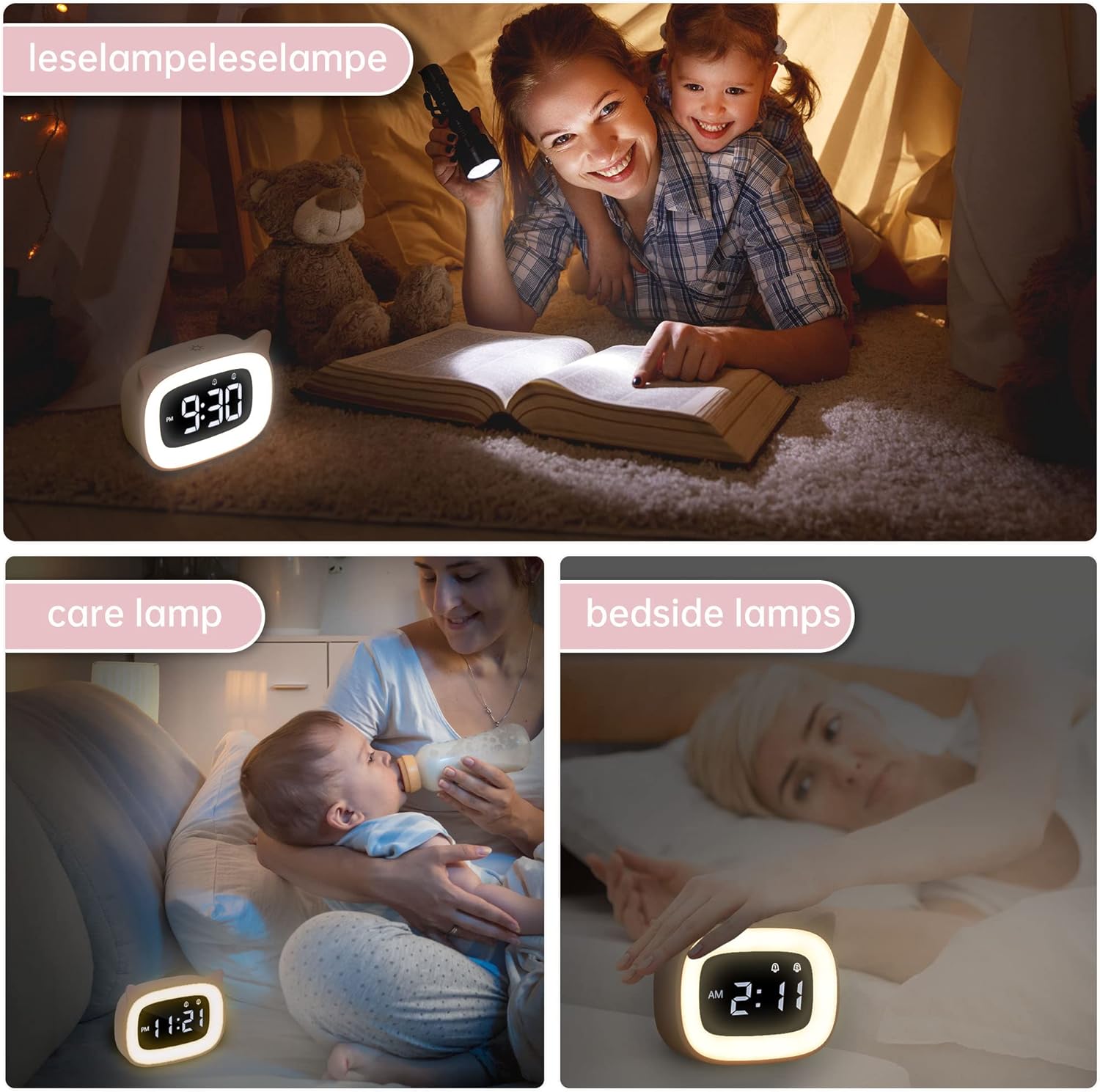 Pink Cat Alarm Clock with Night Light for Kids