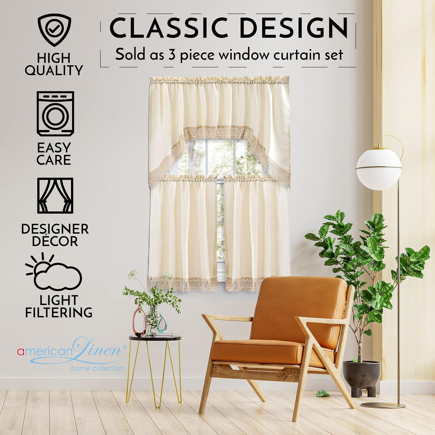 American Linen Caf Curtains with Valance and Lace Border Beige