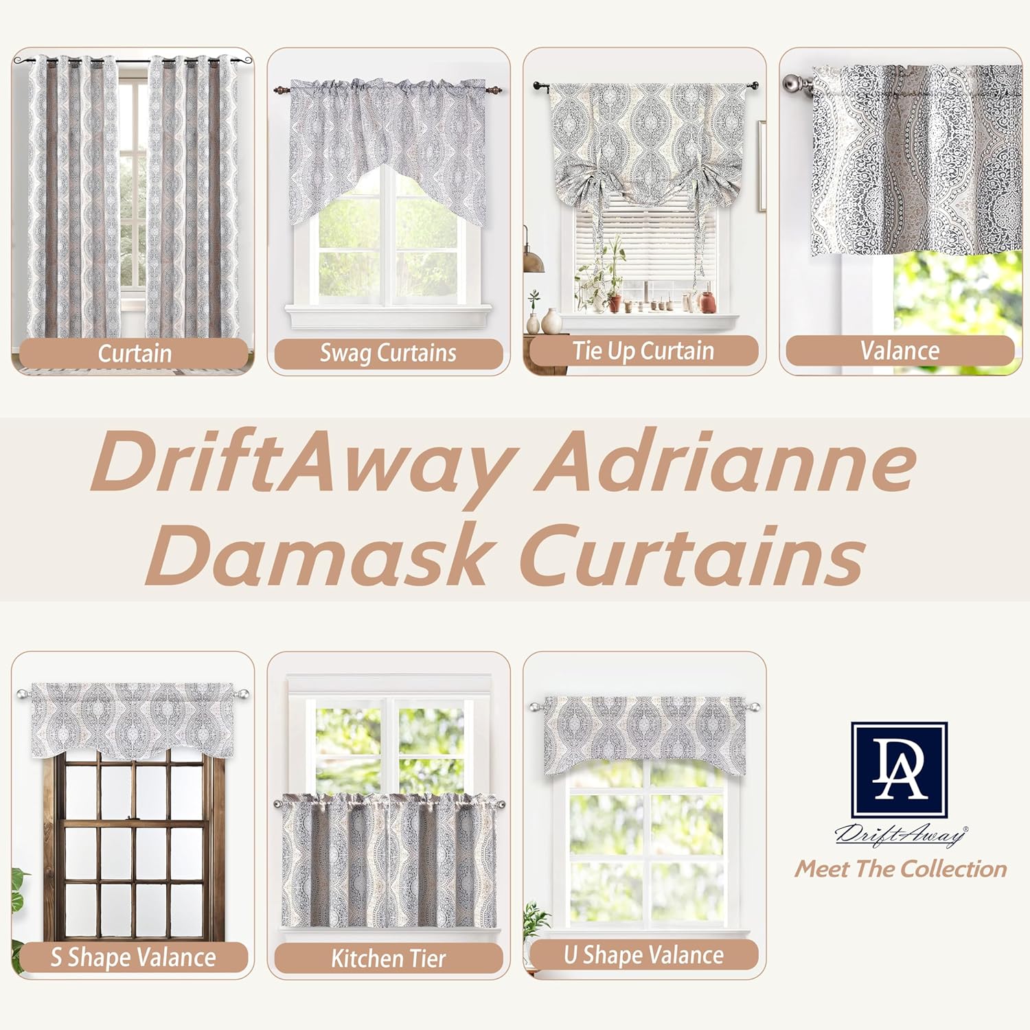 DriftAway Adrianne Damask Floral Valance 52x20 Inch