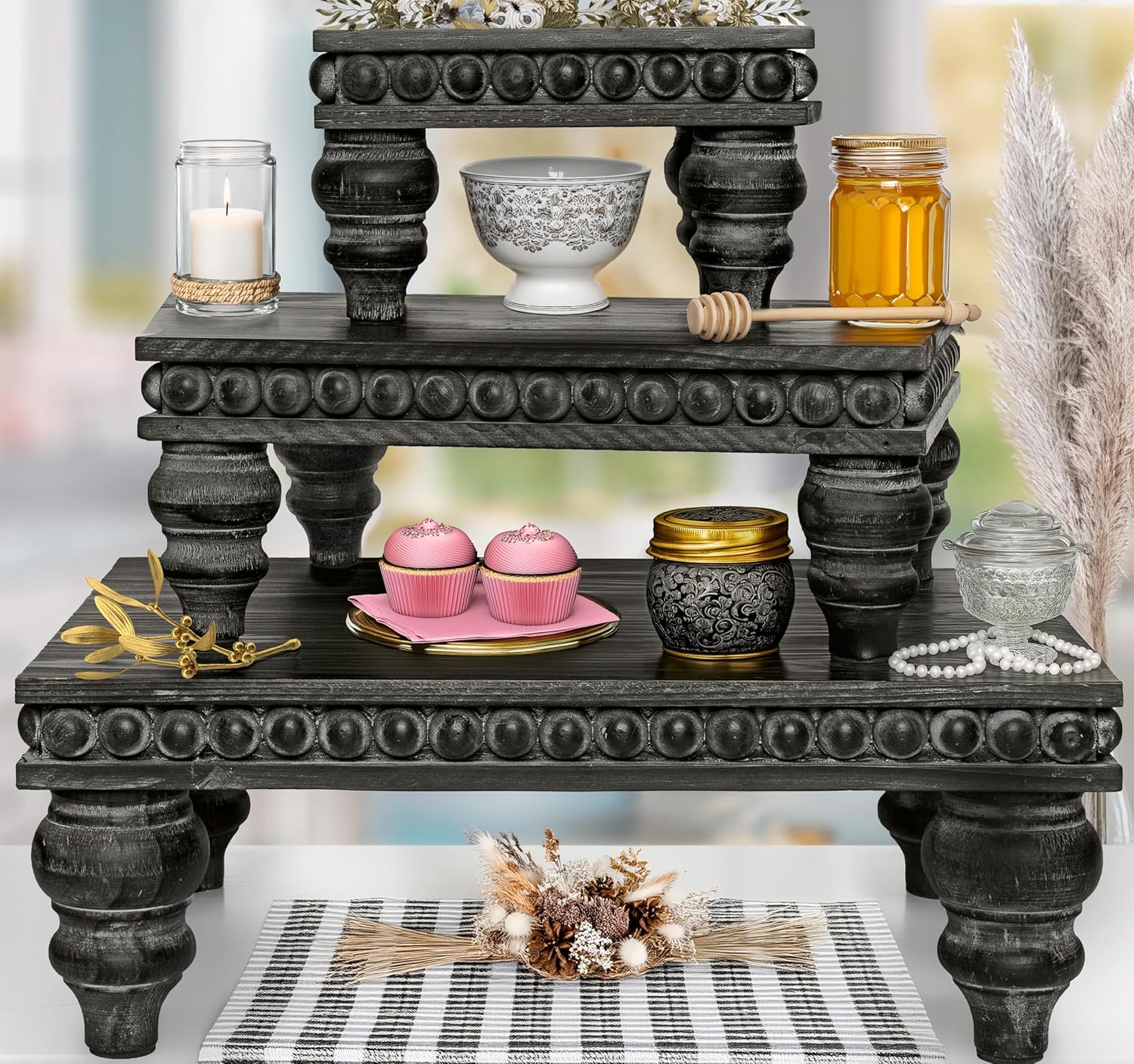 Gothic Black Wooden Tiered Tray Set of 3