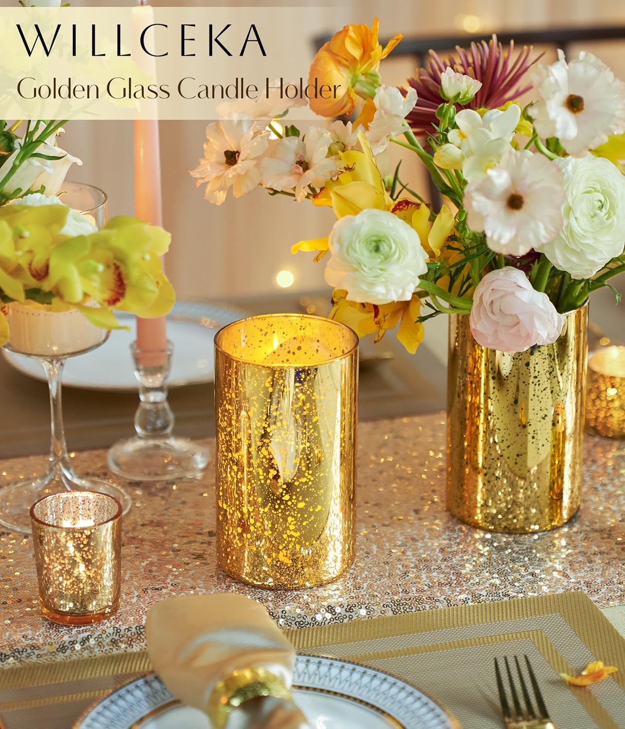 Gold Candle Holder Hurricane Cylinder Vase Set of 6 for Wedding Centerpieces