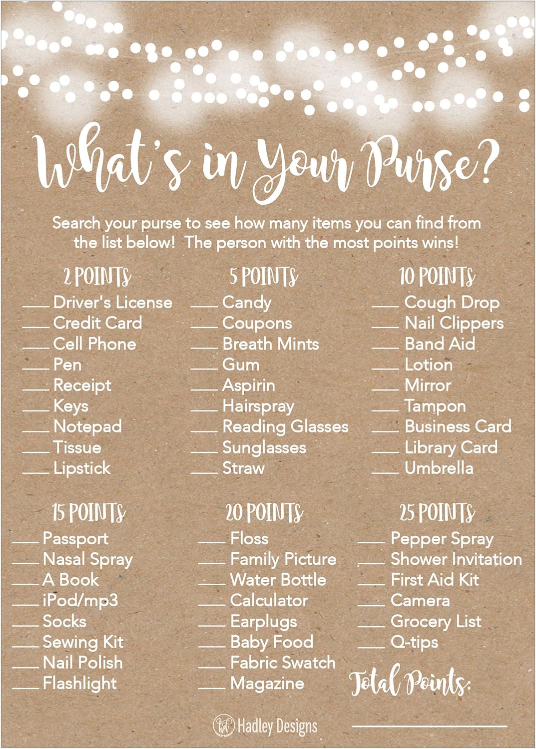 Hadley Designs Rustic Bridal Shower Games for 20 Guests