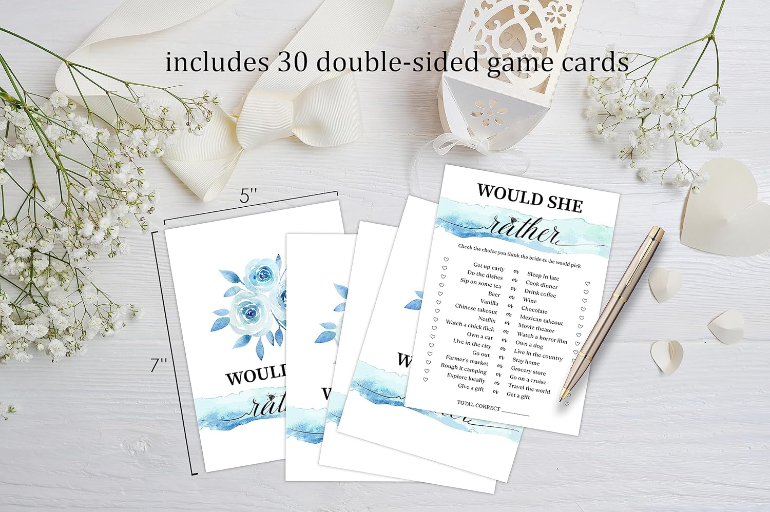 Blue Floral Bridal Shower Game with 30 Cards