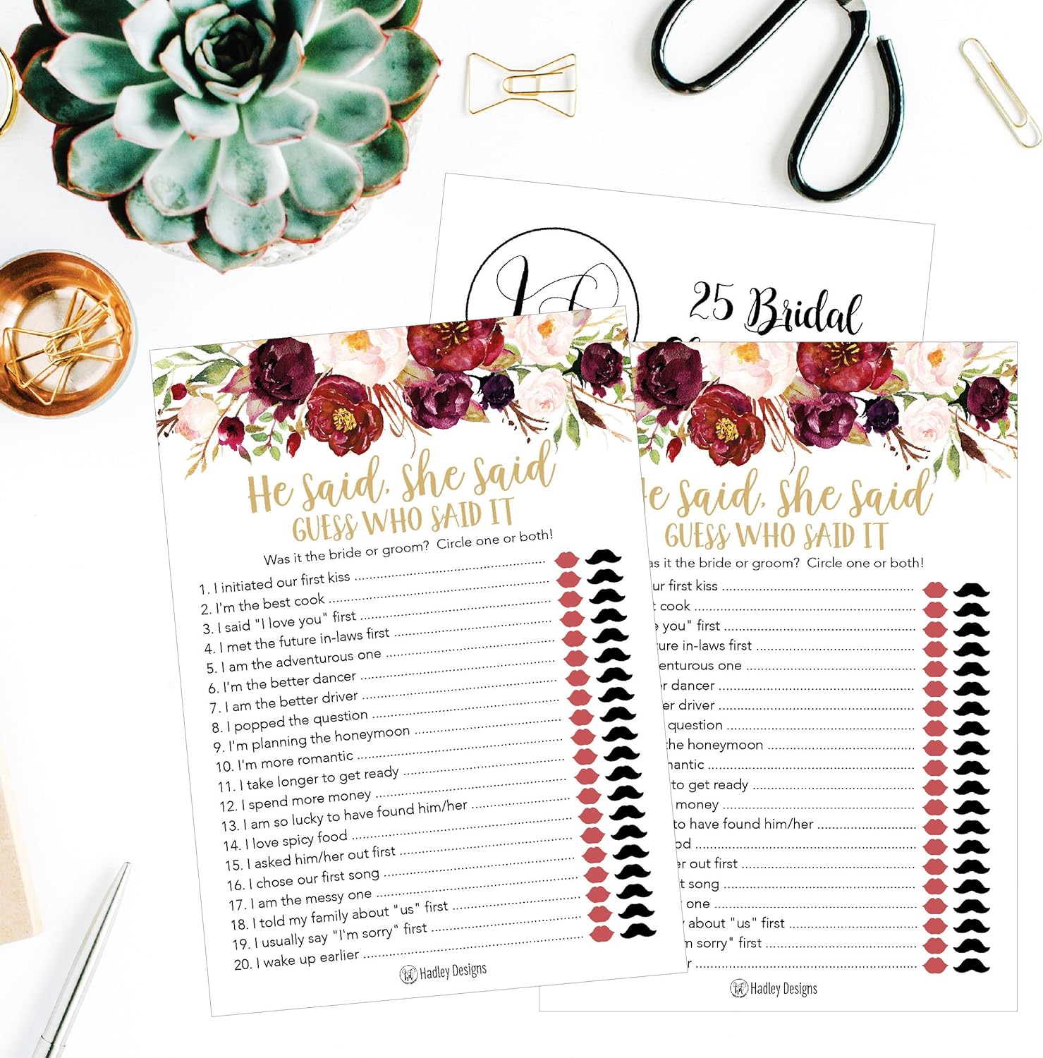 Burgundy Floral Bridal Shower Games for 25 Guests