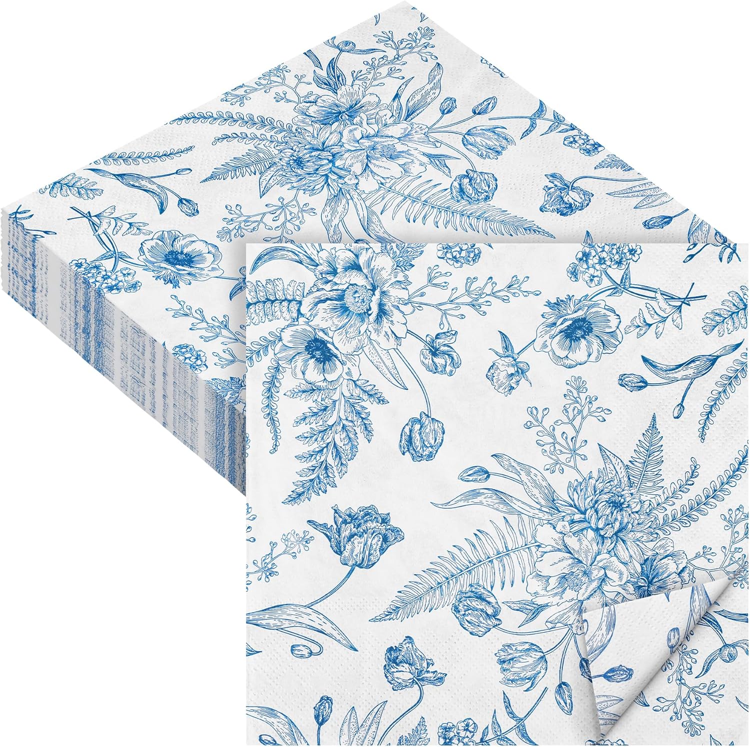 Aodaer 48 Piece Blue and White Floral Napkins Set