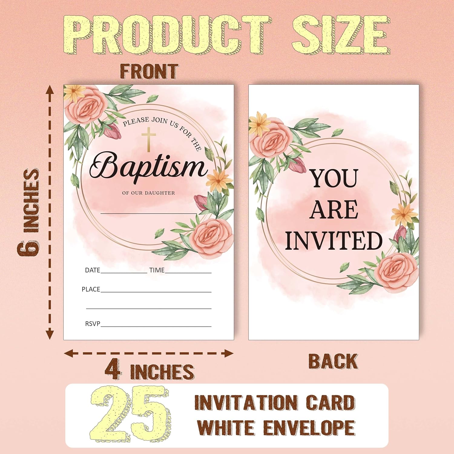 25 Pack Floral Baptism Invitations with Envelopes 1