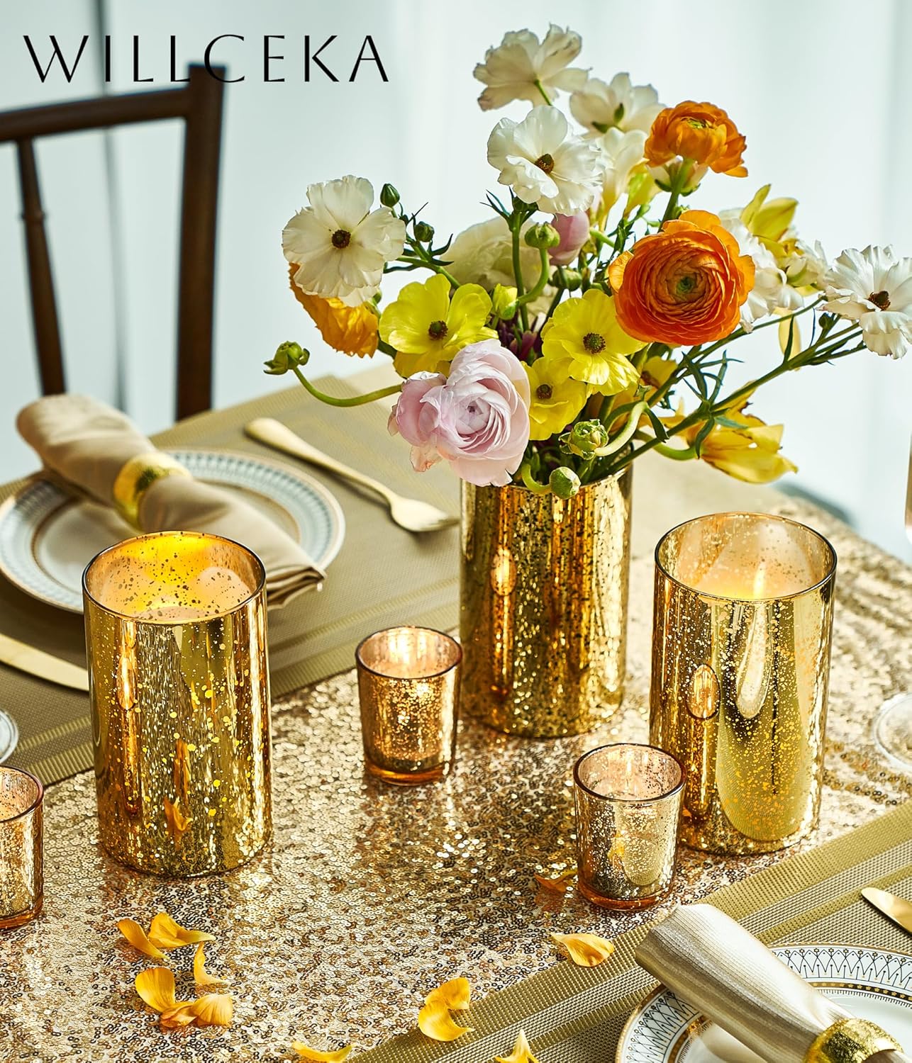 Gold Candle Holder Hurricane Cylinder Vase Set of 6 for Wedding Centerpieces