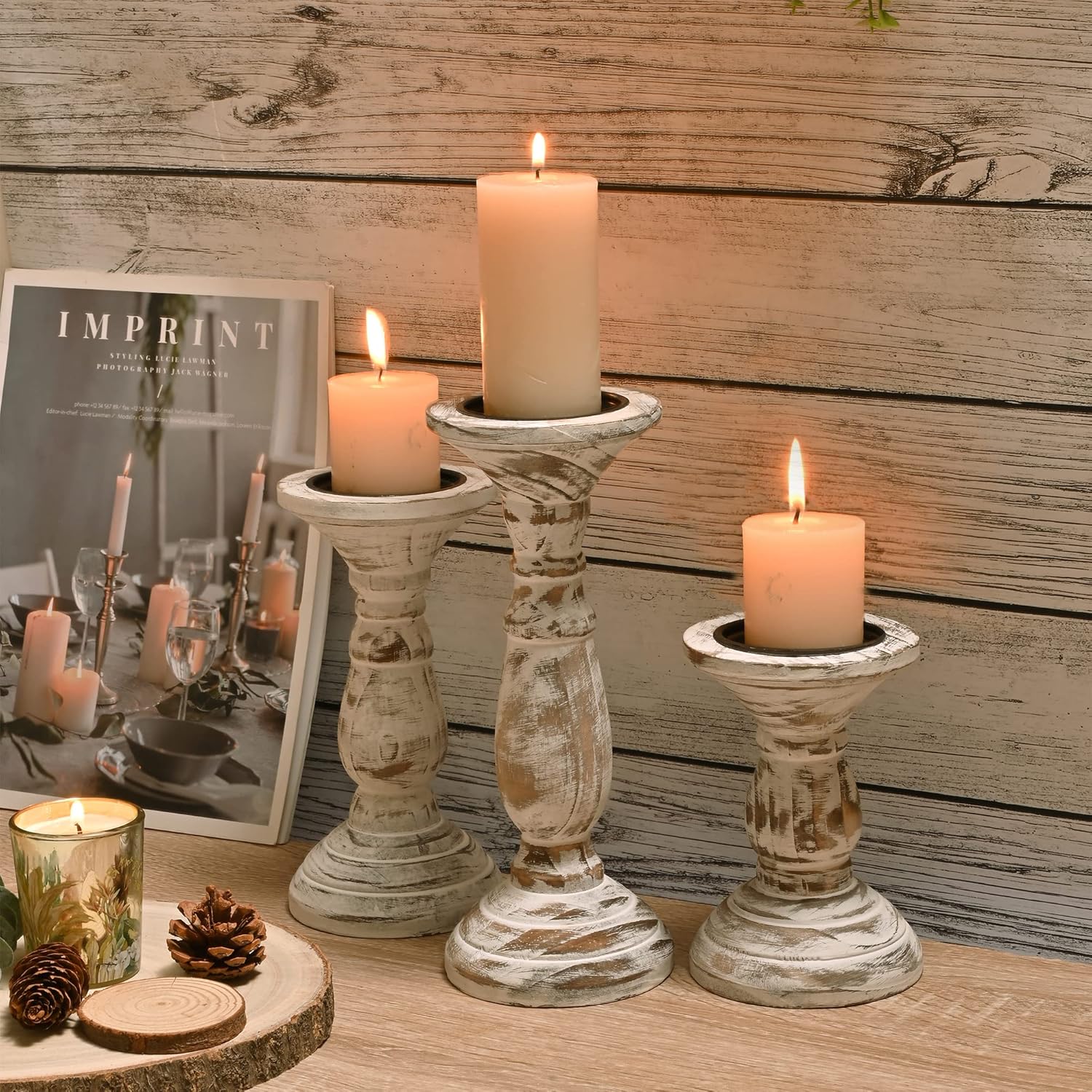 Yorkmills Pillar Candle Holder Set of 3 White Wood