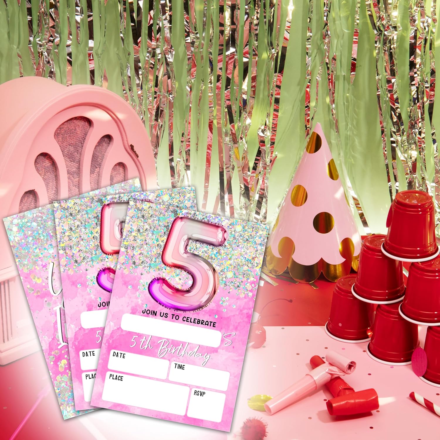Holographic Birthday Invites with Envelopes for 5th Birthday