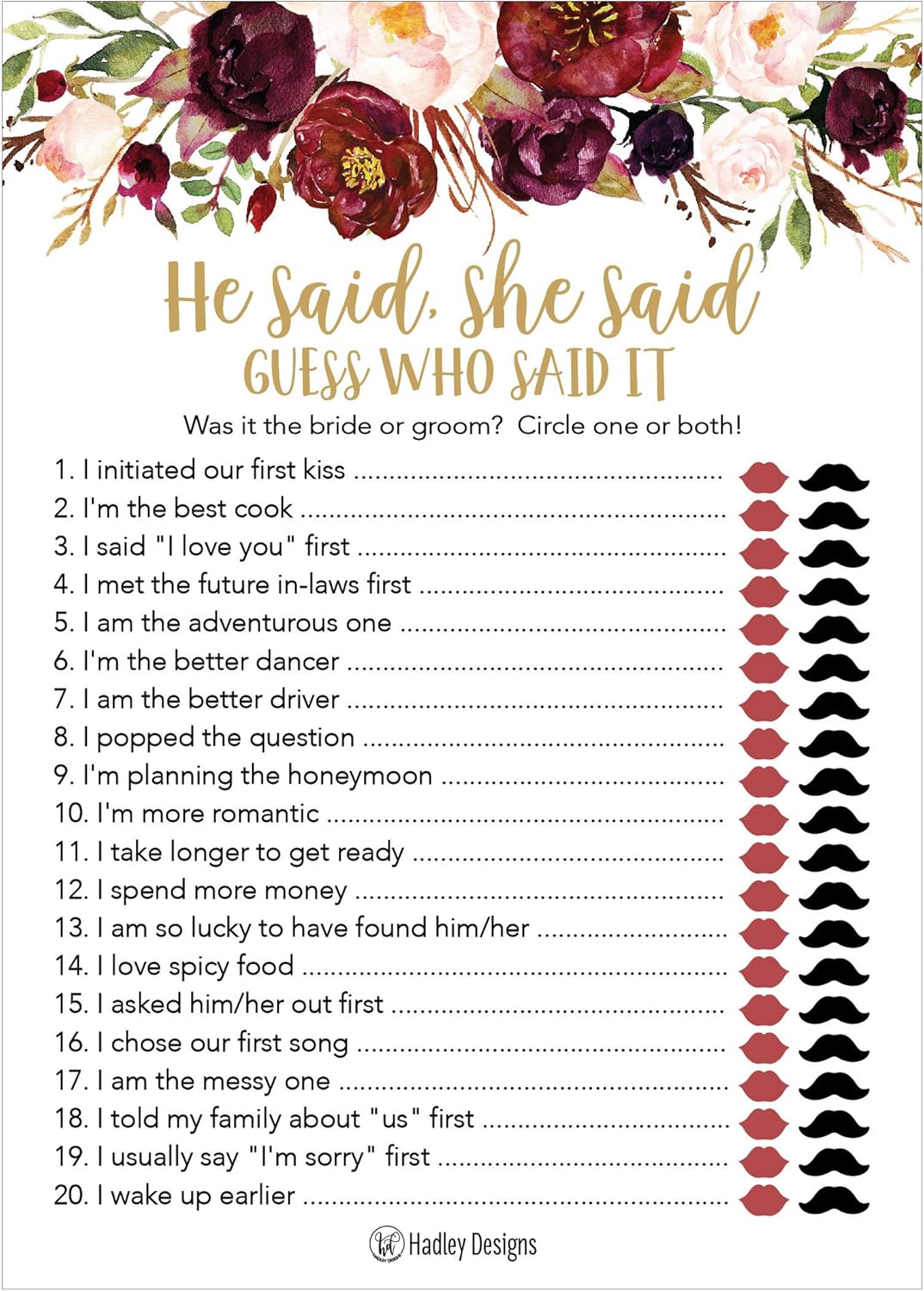 Burgundy Floral Bridal Shower Games for 25 Guests