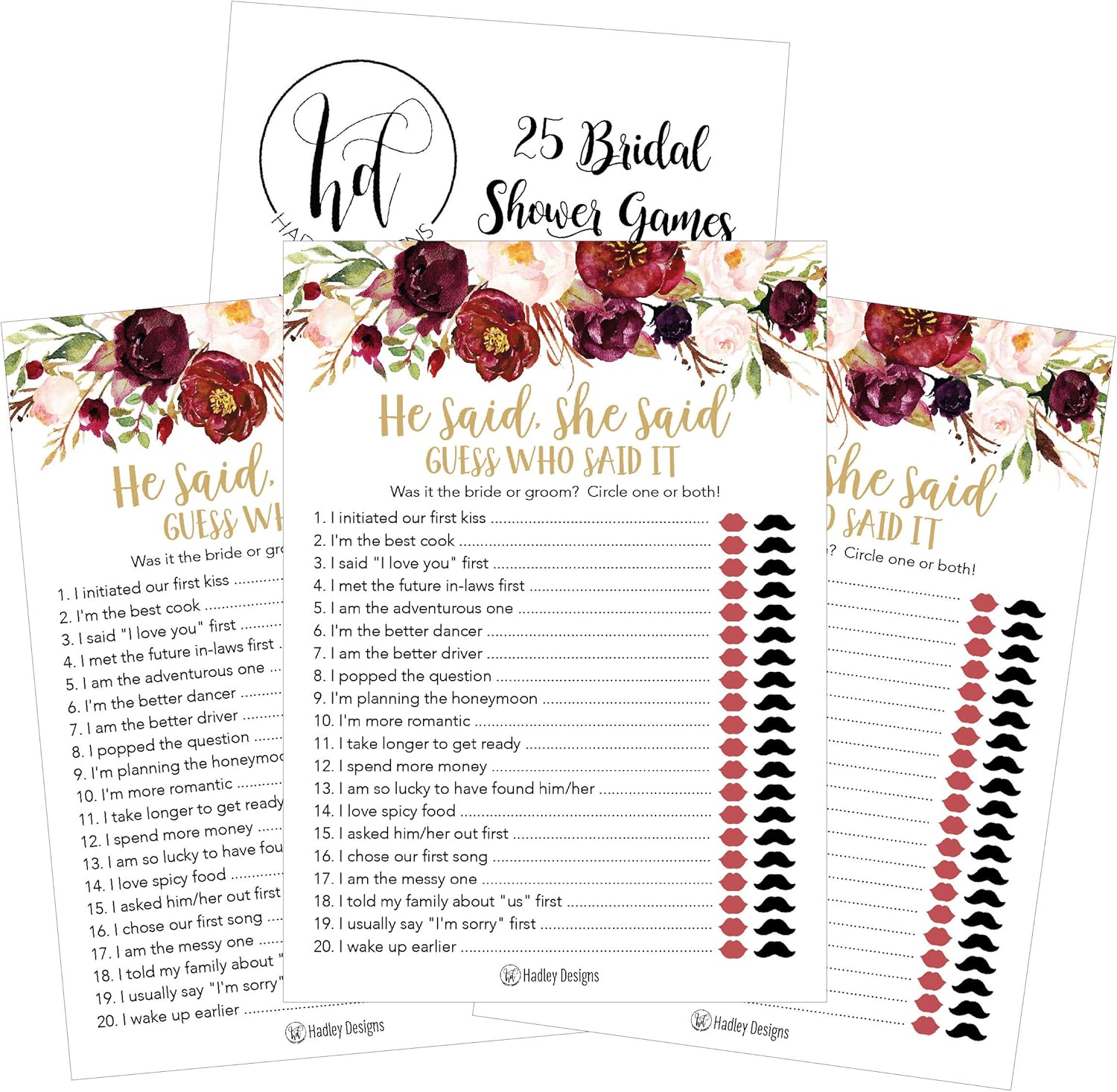 Burgundy Floral Bridal Shower Games for 25 Guests