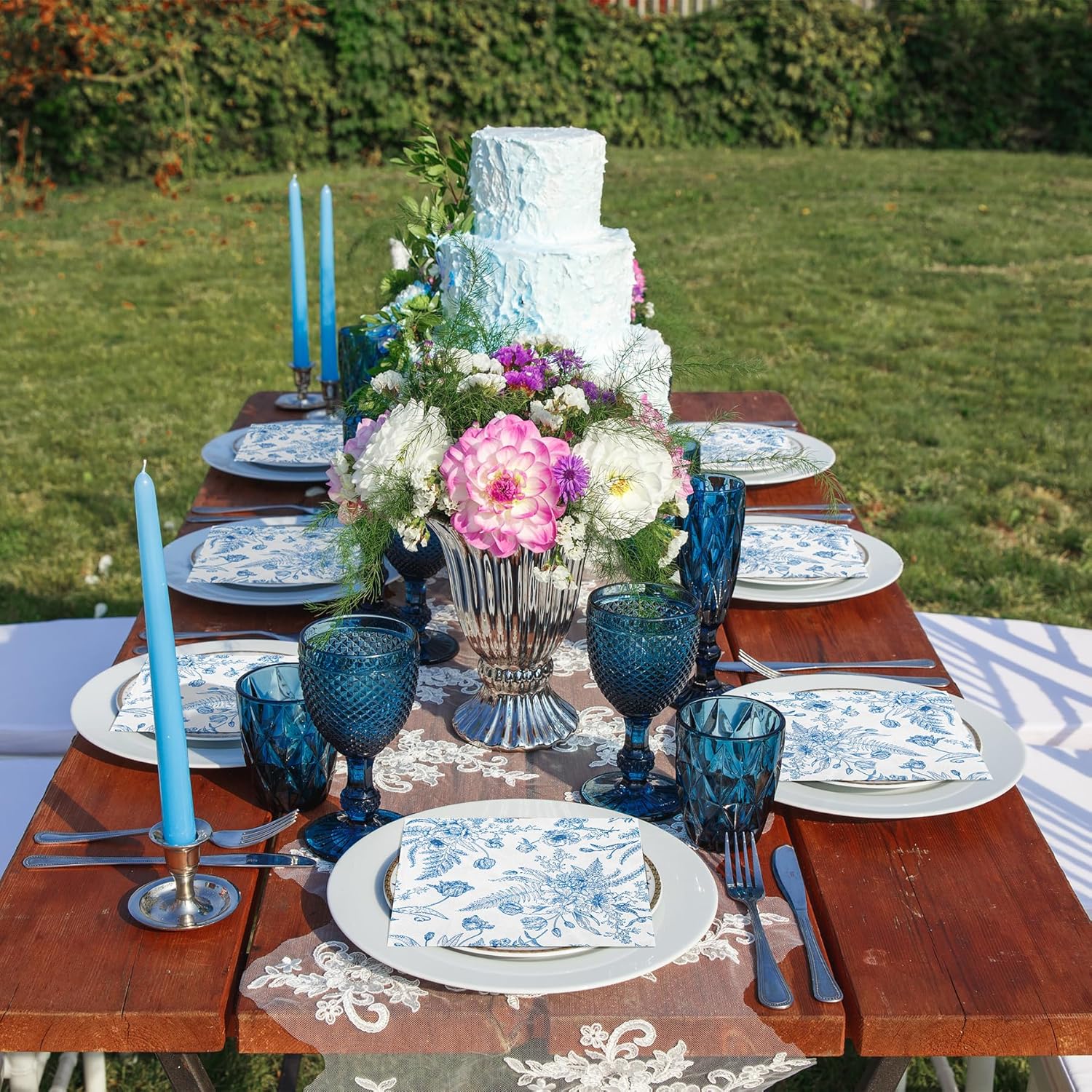 Aodaer 48 Piece Blue and White Floral Napkins Set