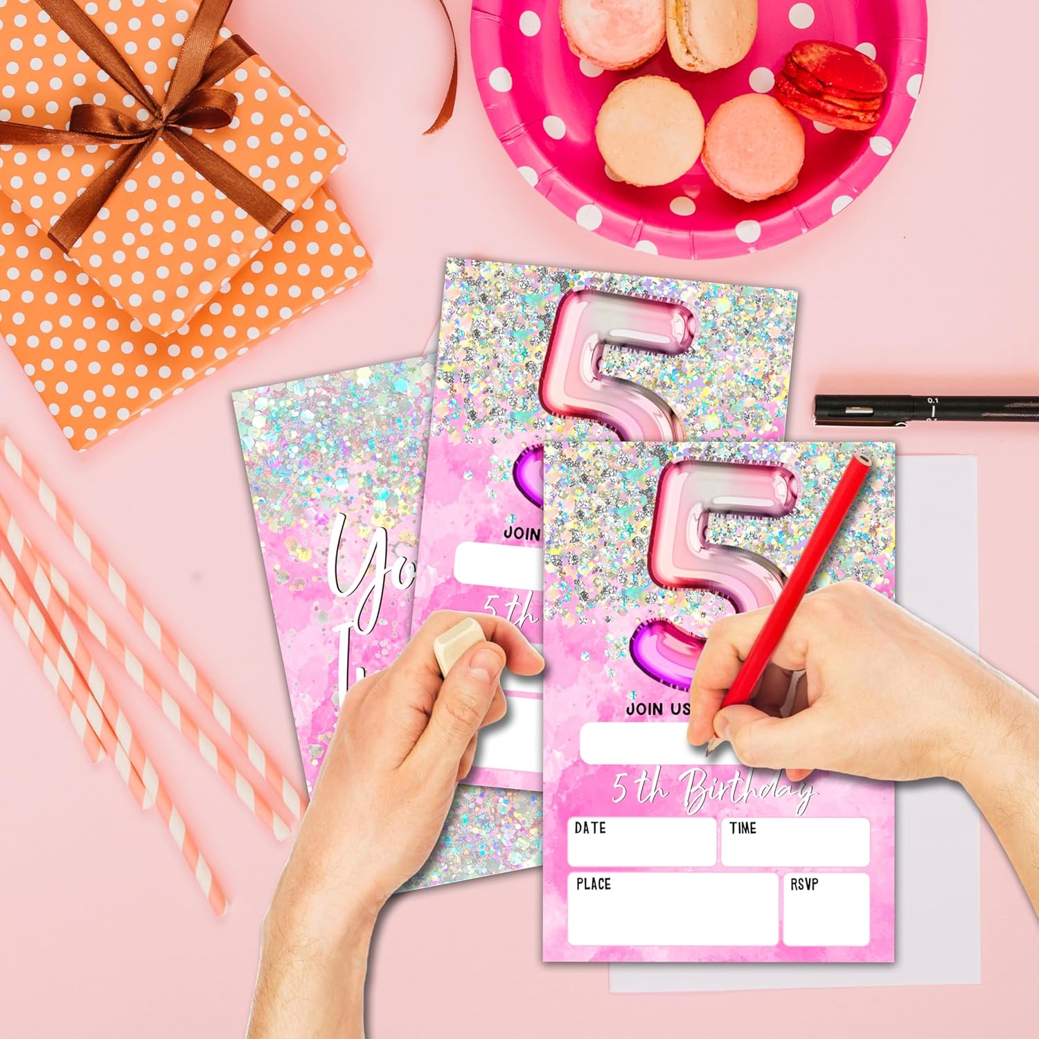 Holographic Birthday Invites with Envelopes for 5th Birthday