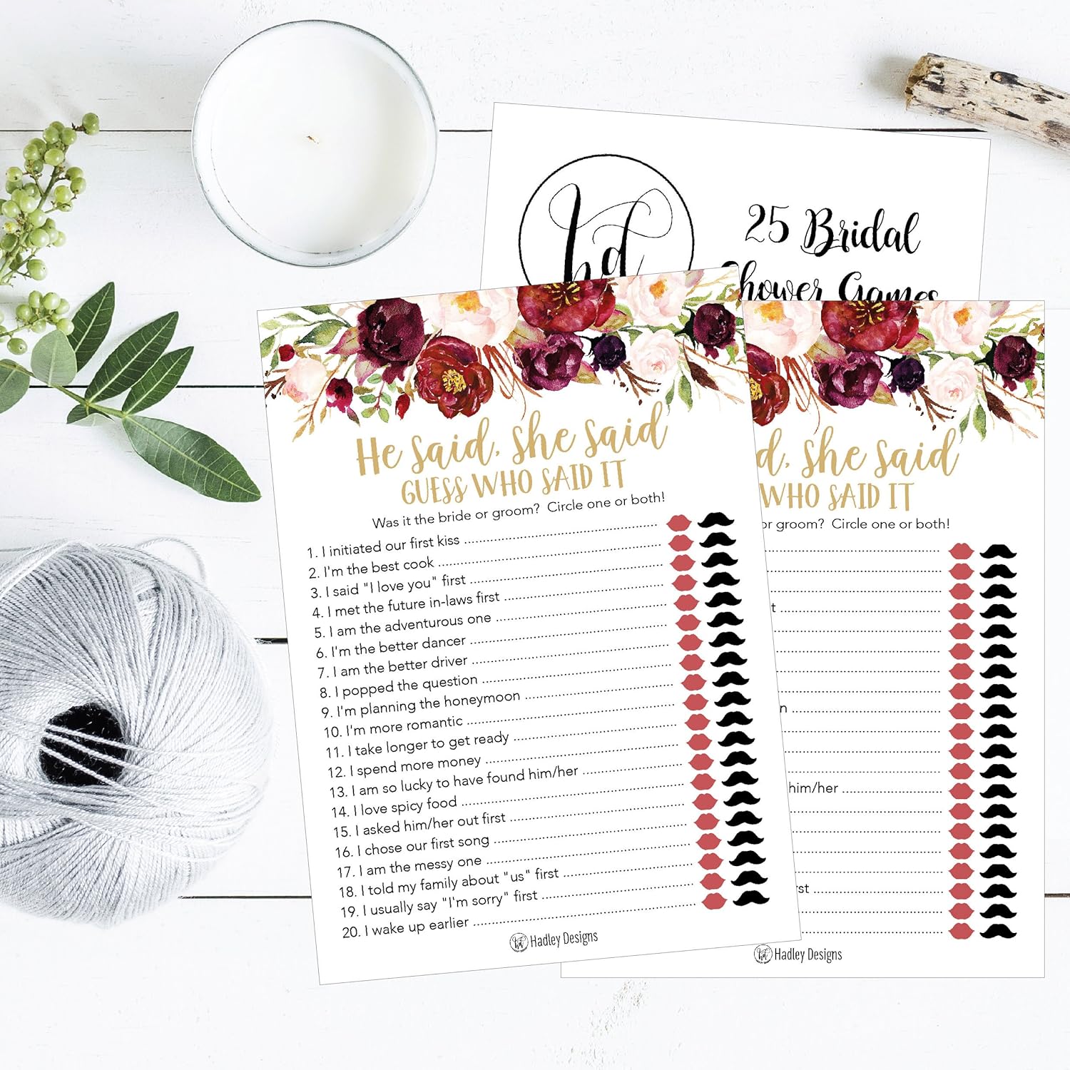 Burgundy Floral Bridal Shower Games for 25 Guests