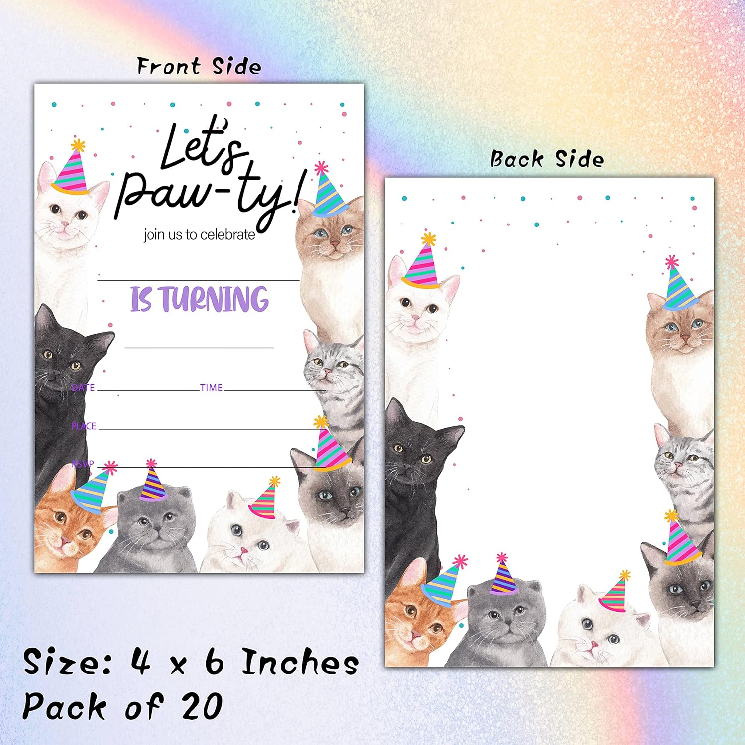 Cat Birthday Invitations with Envelopes 20 Pack