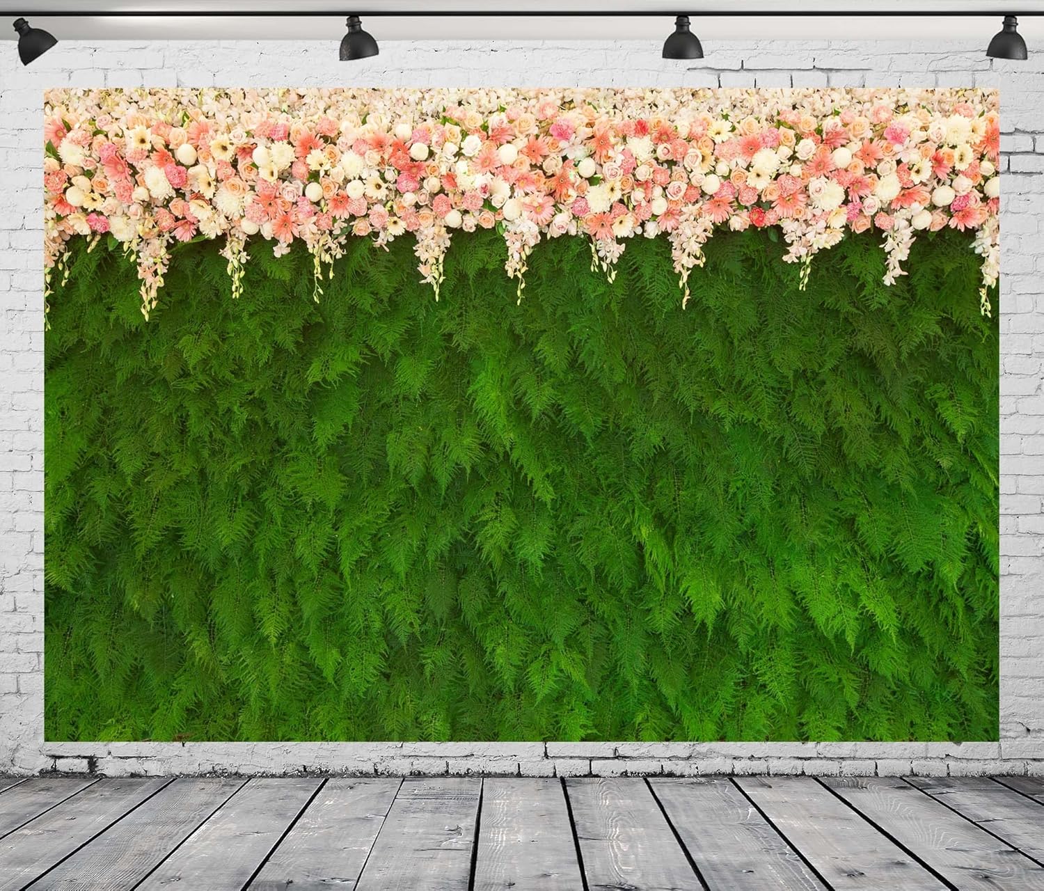5x3ft Green Leaves Fabric Backdrop with White Pink Flowers