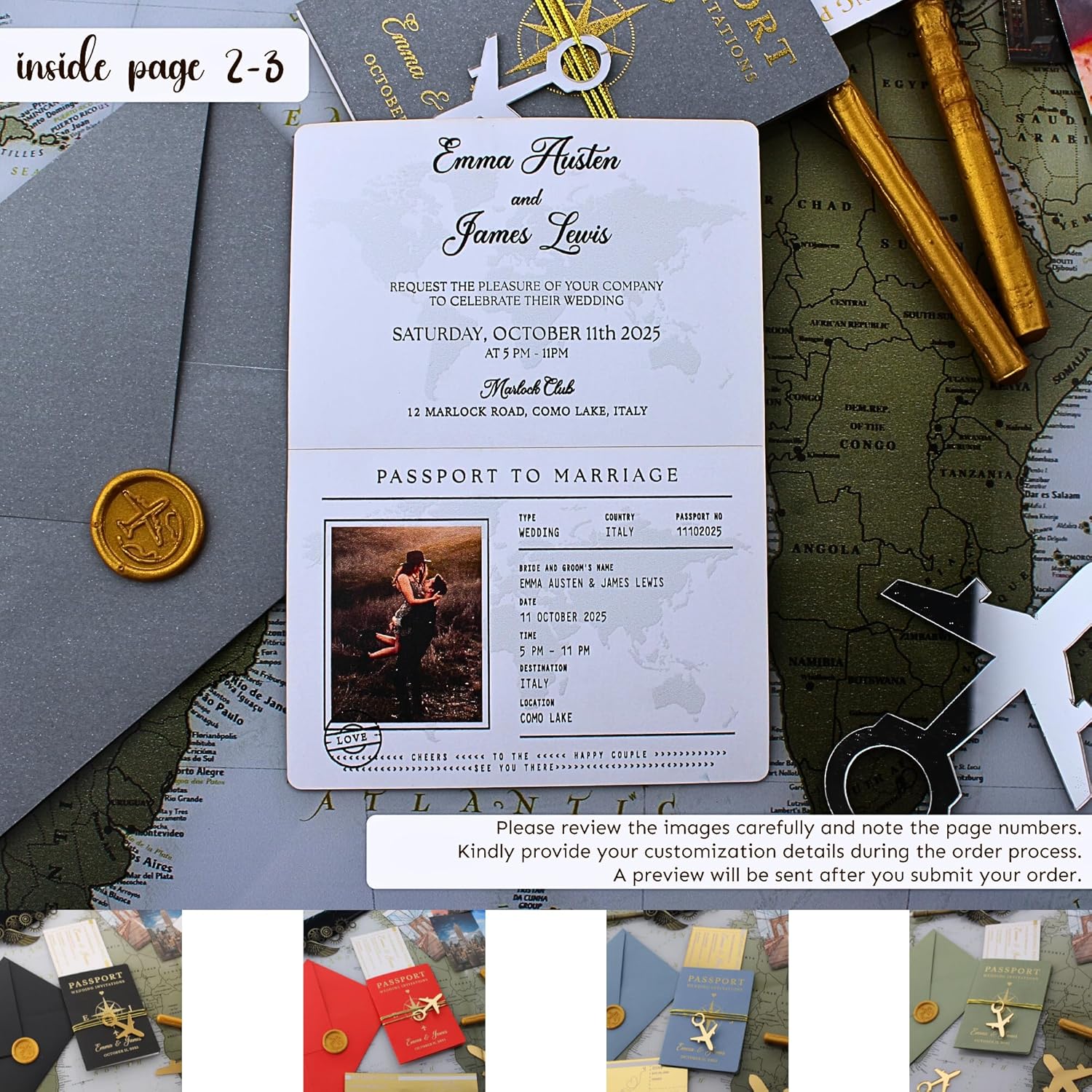 Custom Wedding Invitation Set with Wax Seal - Passport Style